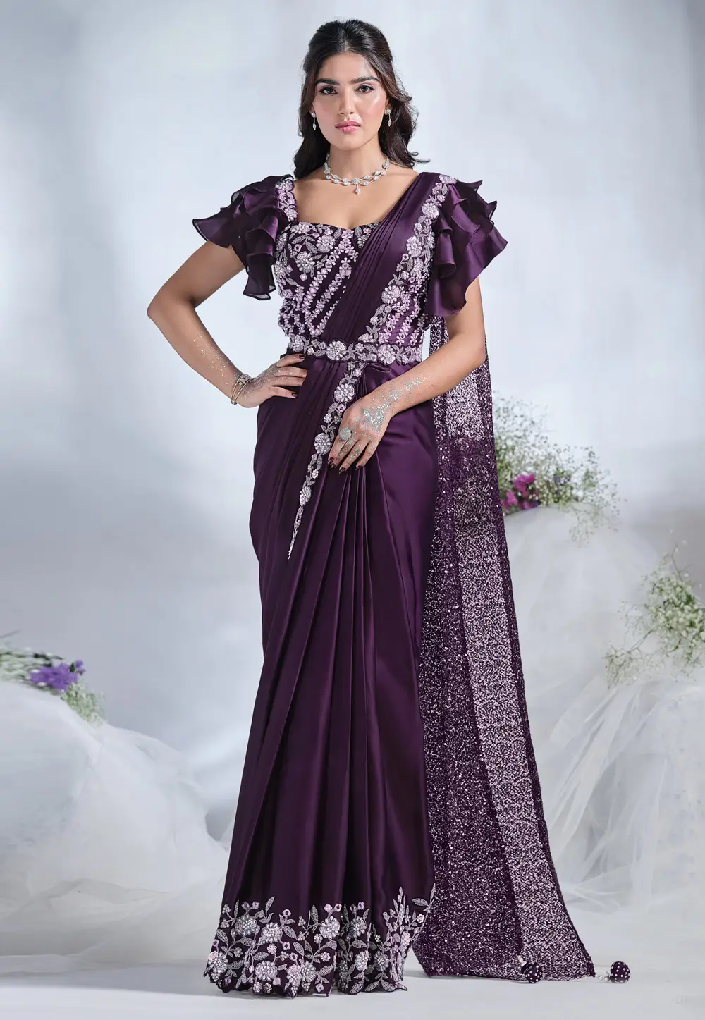 Purple Crepe Plain Saree With Designer Blouse 295886