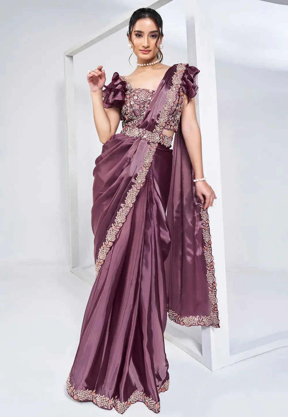 Purple Crepe Plain Saree With Designer Blouse 297782