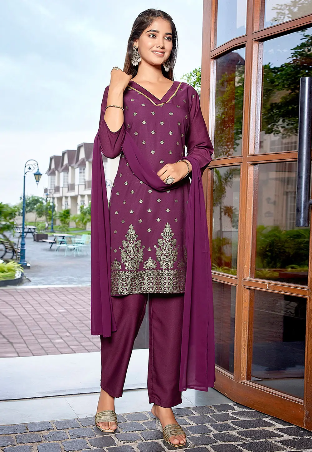 Purple Crepe Readymade Pakistani Suit 303219