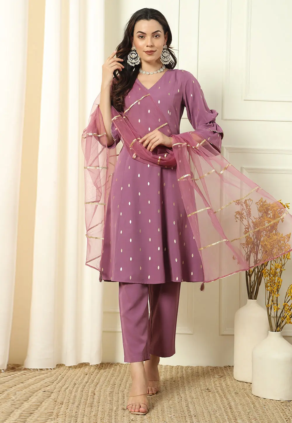 Purple Crepe Readymade Pant Style Suit 300839