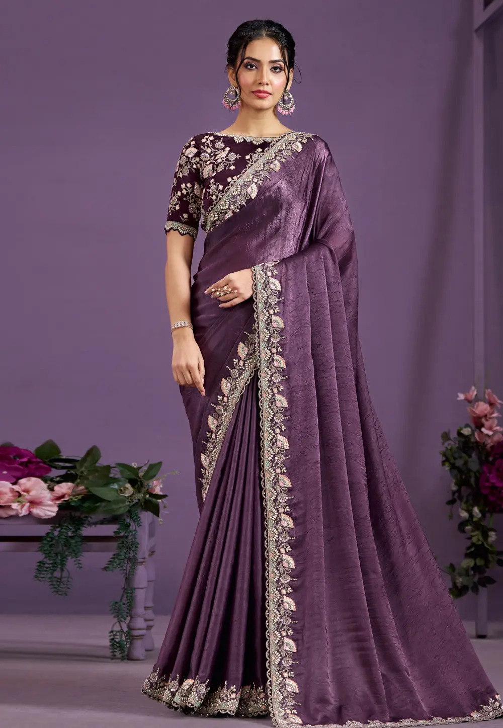 Purple Crepe Satin Saree With Blouse 298521