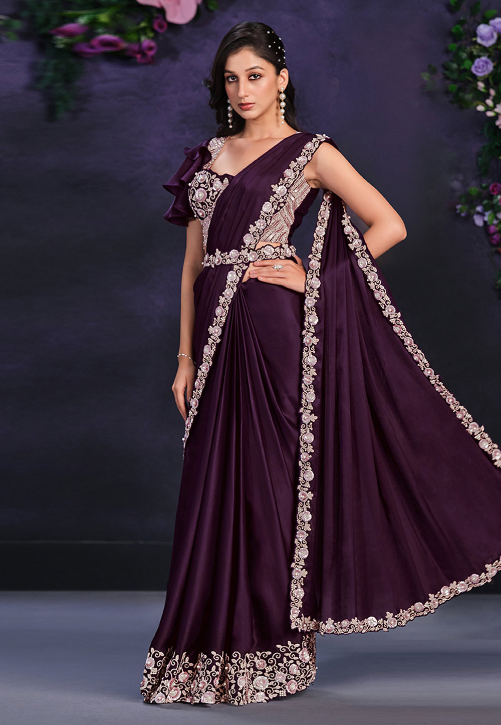 Purple Crepe Satin Saree With Designer Blouse 286616