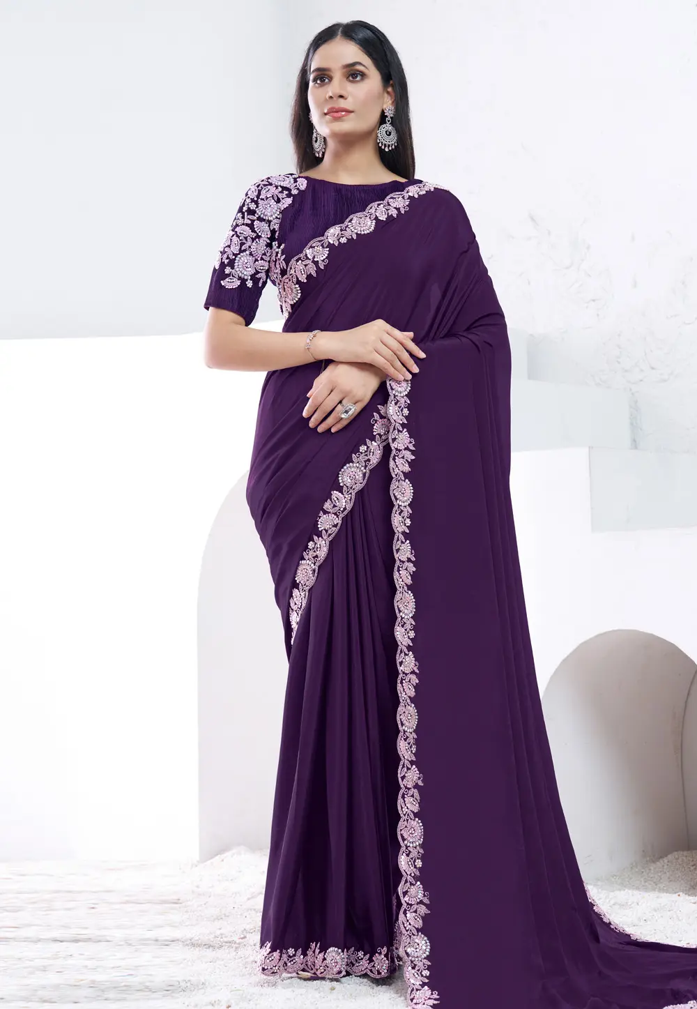 Purple Crepe Silk Saree With Blouse 301276