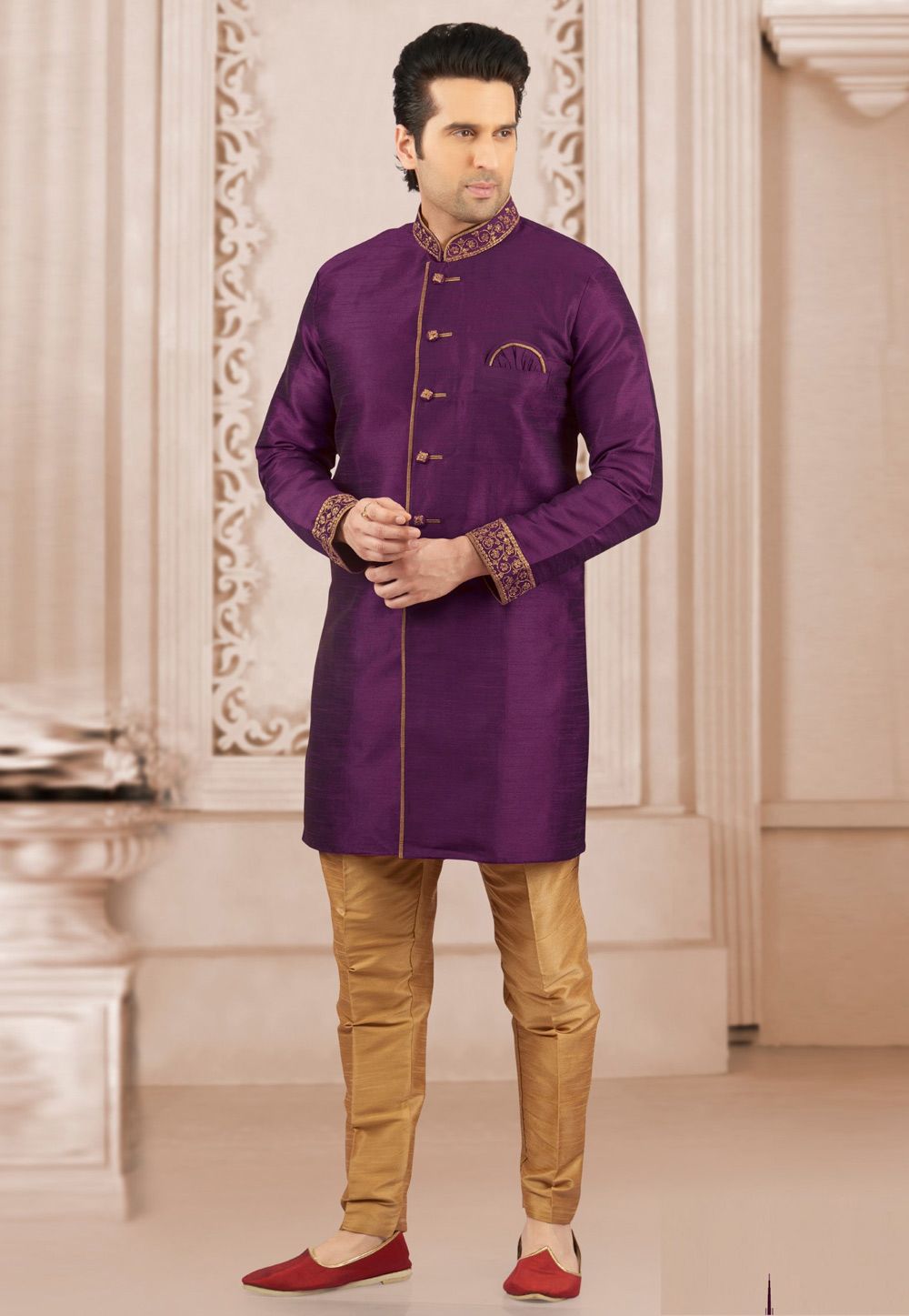 Purple Dupion Silk Indo Western Suit 309774