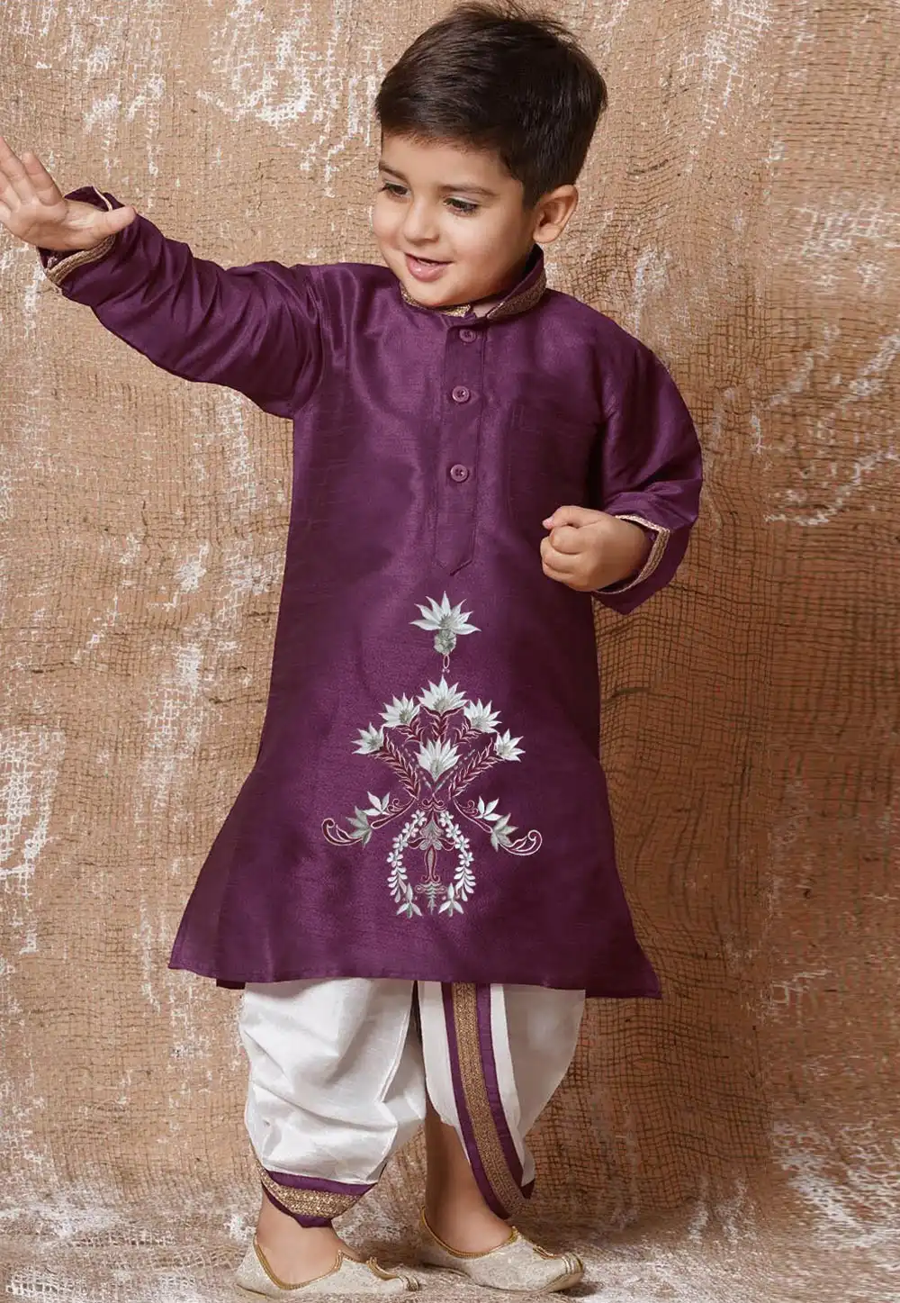 Purple Dupion Silk Kids Dhoti Kurta 289251