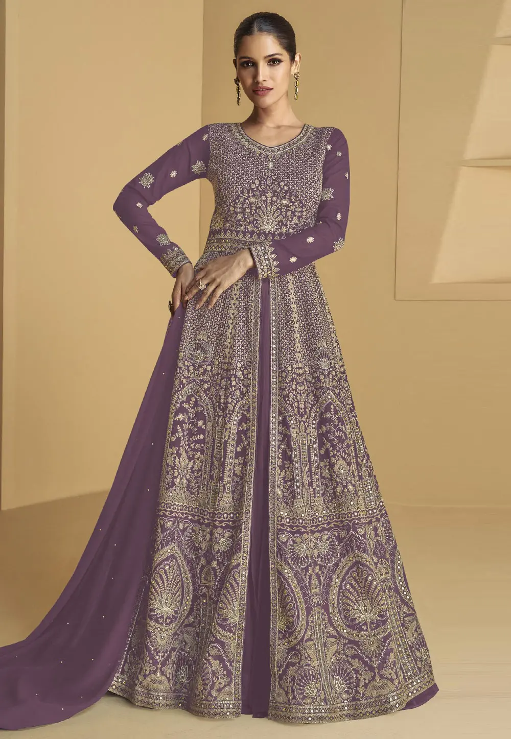 Purple Faux Georgette Embroidered Anarkali Suit 302376