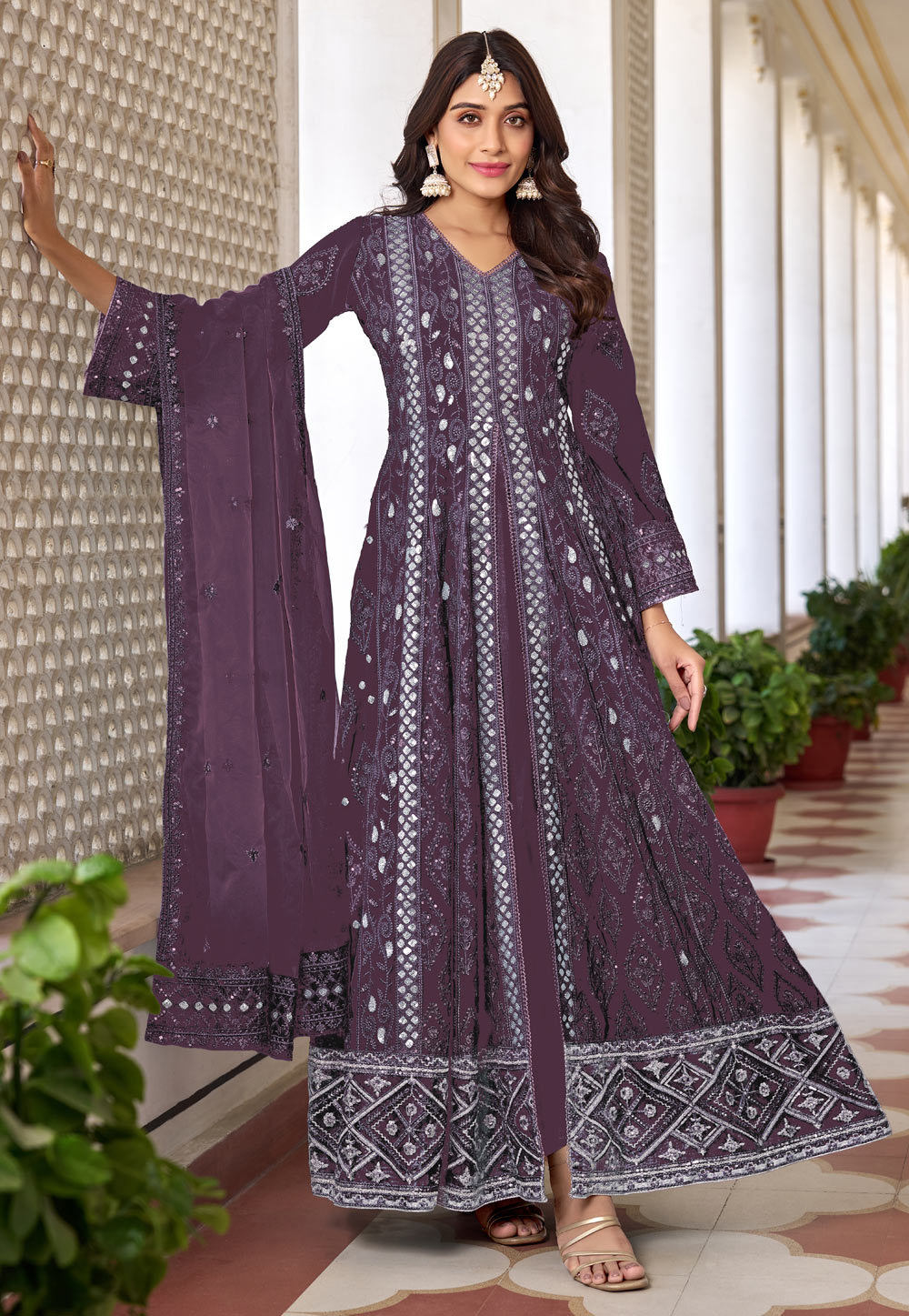 Purple Faux Georgette Embroidered Center Slit Anarkali Suit 282425