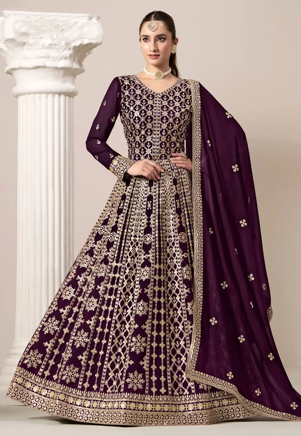 Purple Faux Georgette Embroidered Floor Length Anarkali Suit 296587