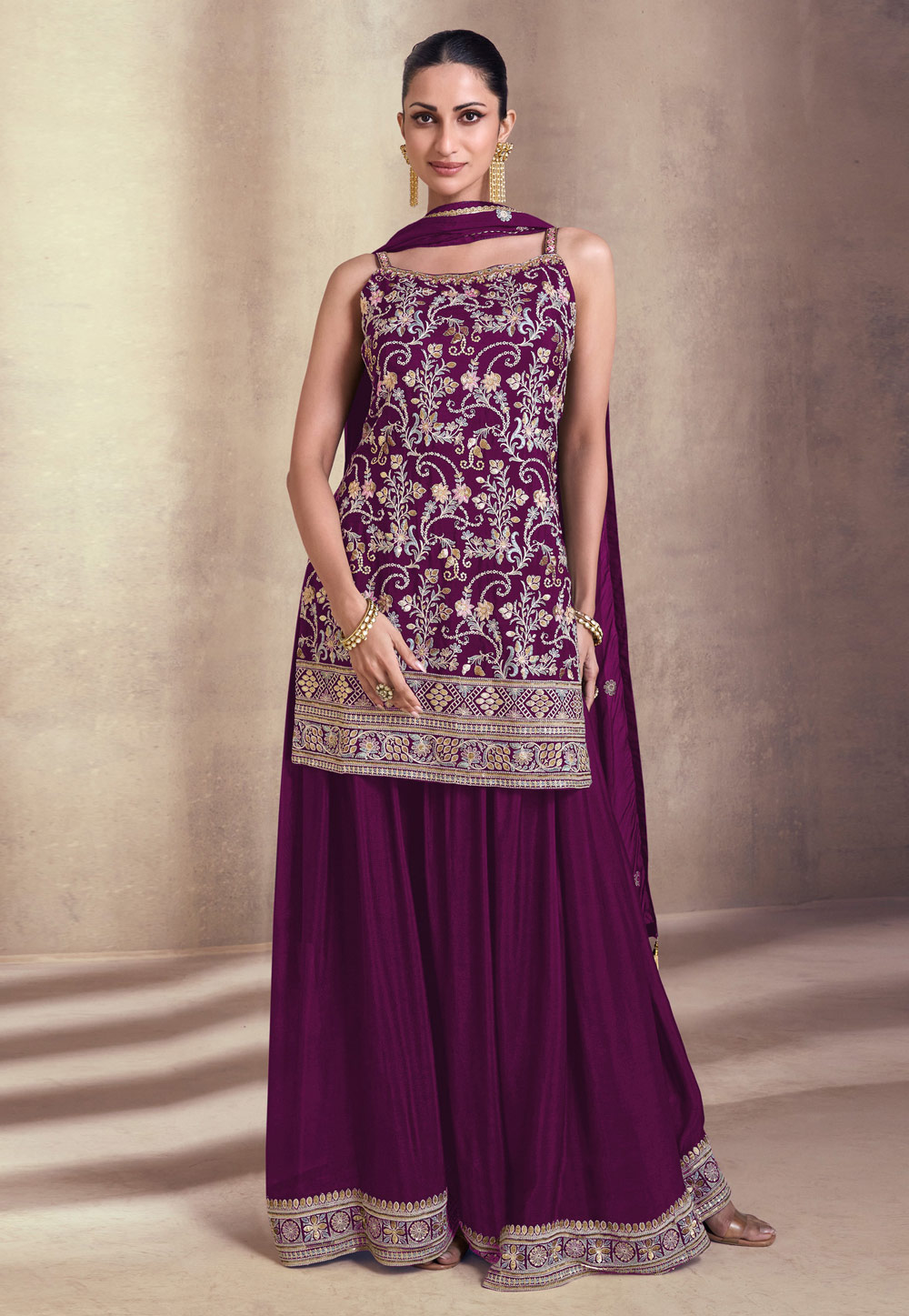 Purple Faux Georgette Embroidered Gharara Suit 285986