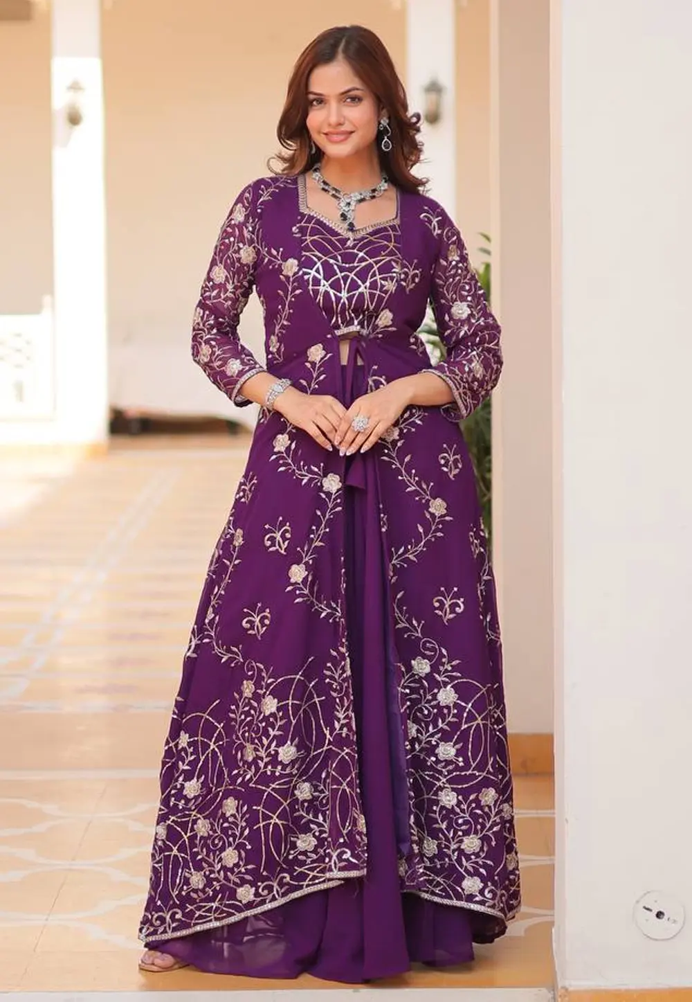 Purple Faux Georgette Jacket Style Suit 301785