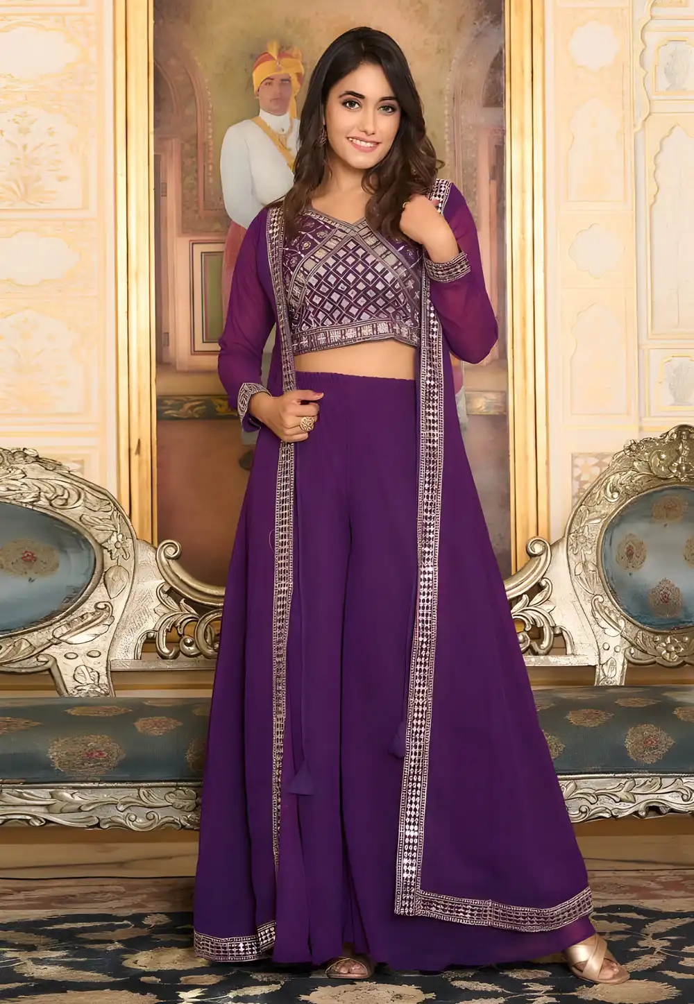 Purple Faux Georgette Palazzo With Crop Top 294295