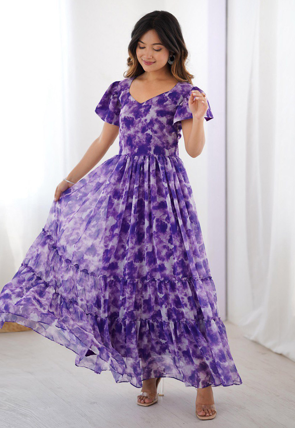 Purple Faux Georgette Printed Gown 310650