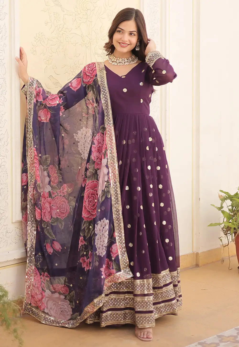 Purple Faux Georgette Readymade Anarkali Suit 288655