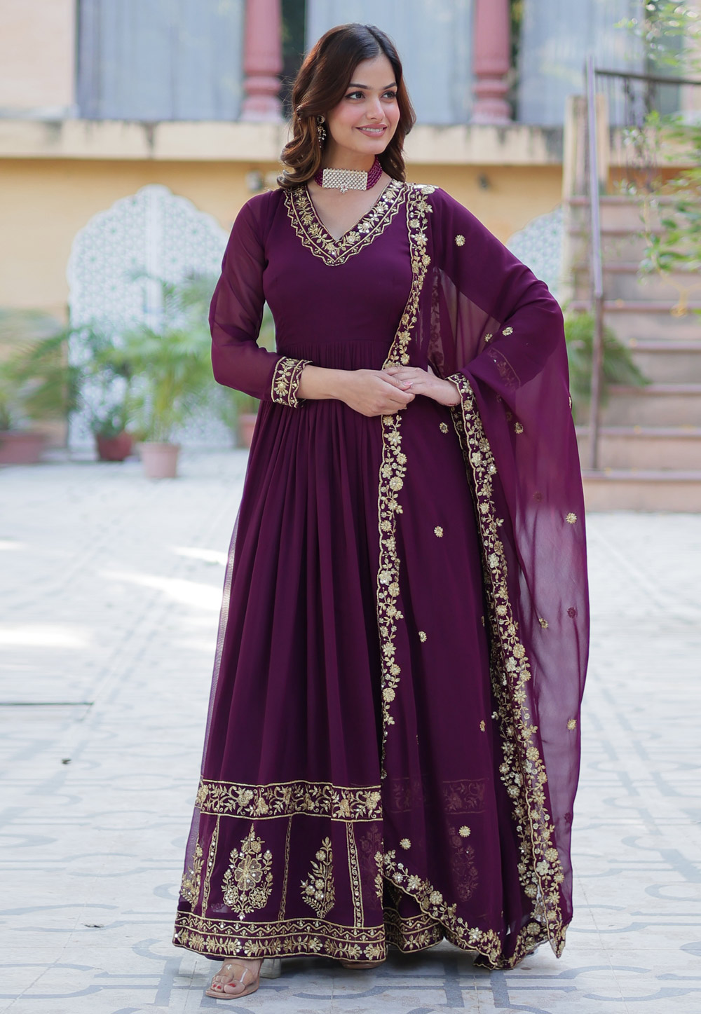 Purple Faux Georgette Readymade Anarkali Suit 305107