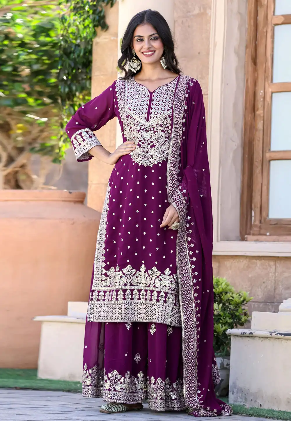 Purple Faux Georgette Readymade Gharara Suit 290823