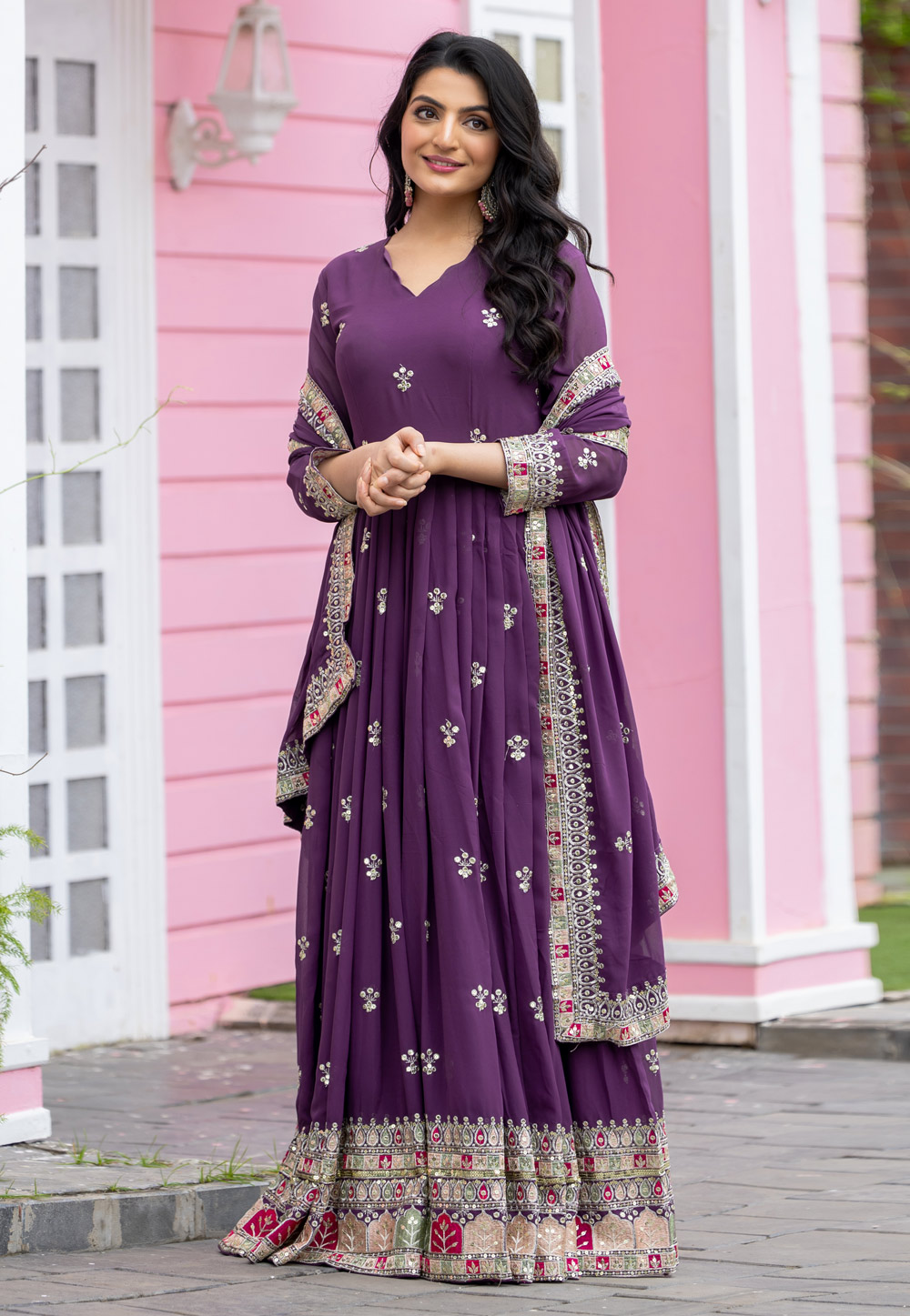 Purple Faux Georgette Readymade Long Anarkali Suit 305748