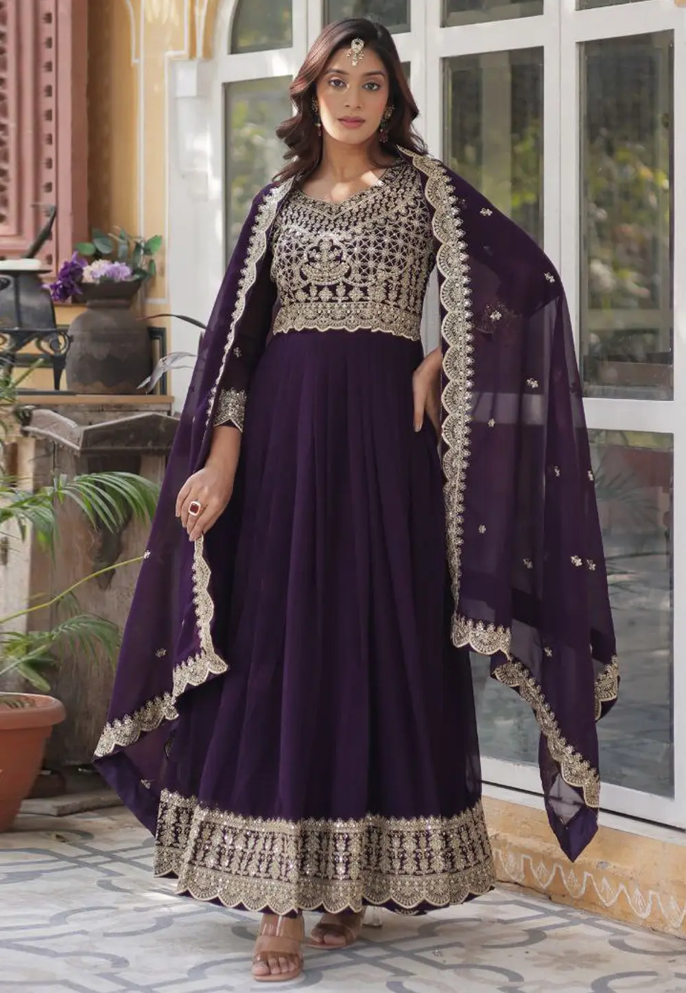 Purple Faux Georgette Readymade Long Anarkali Suit 303192