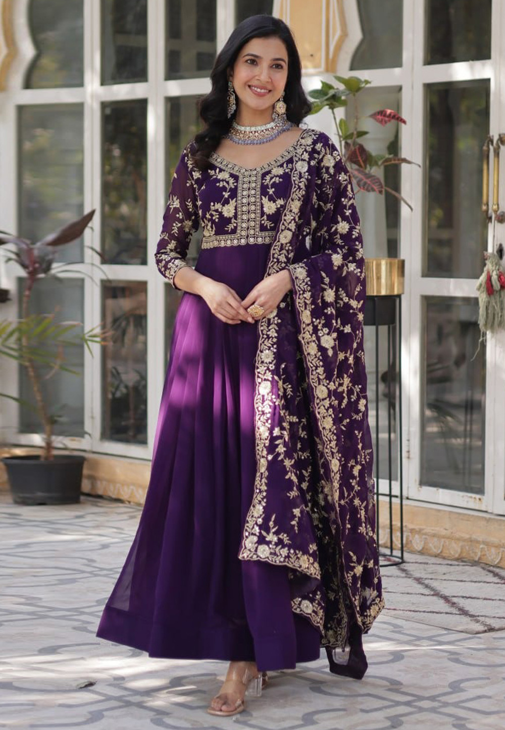 Purple Faux Georgette Readymade Long Anarkali Suit 309214