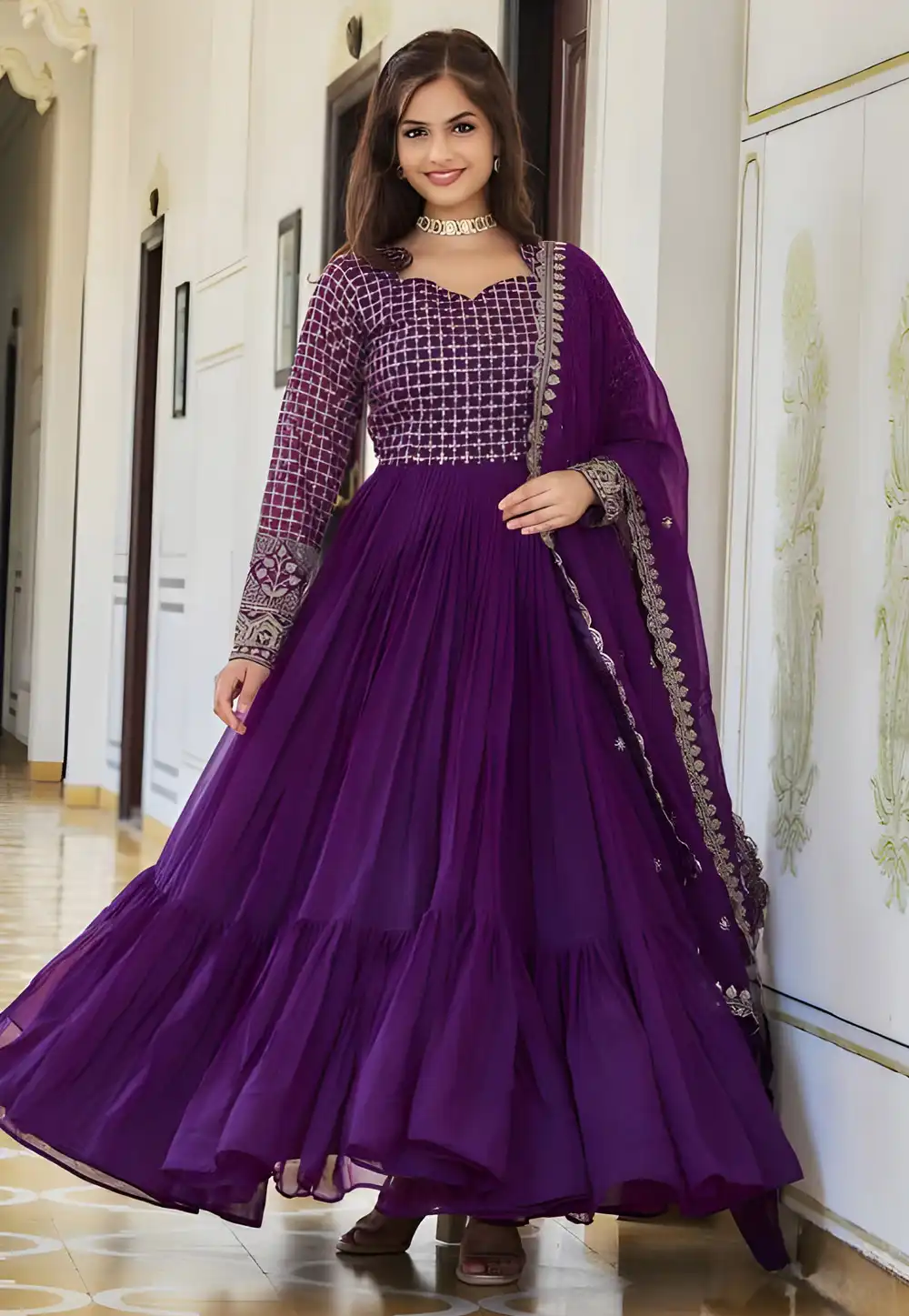 Purple Faux Georgette Readymade Long Anarkali Suit 294112