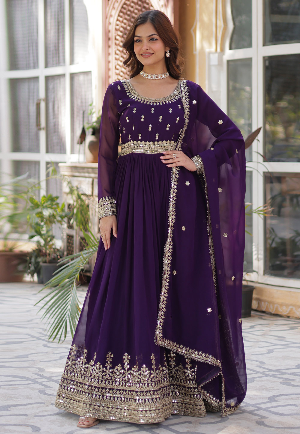 Purple Faux Georgette Readymade Long Anarkali Suit 305886