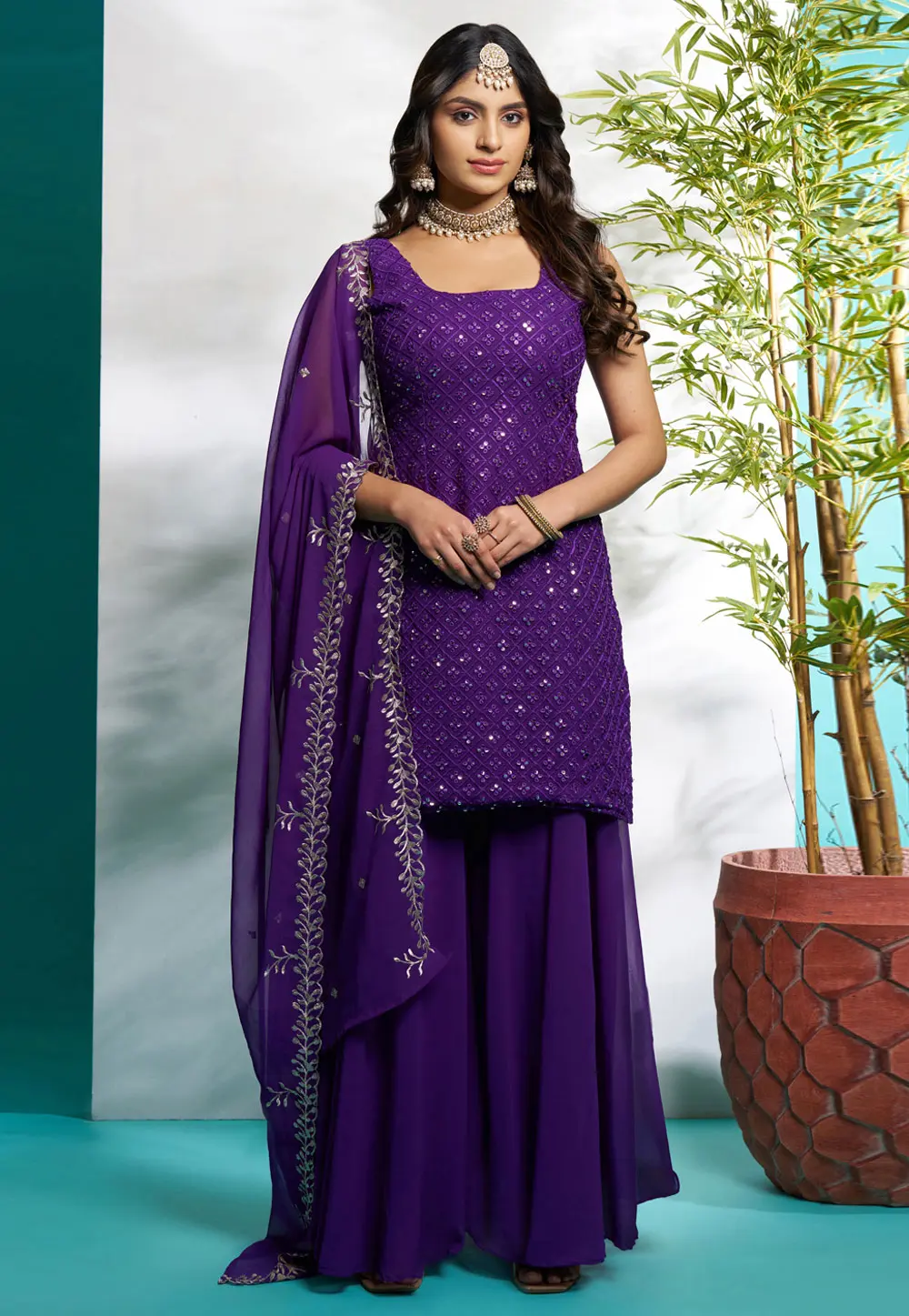 Purple Faux Georgette Readymade Palazzo Suit 304767