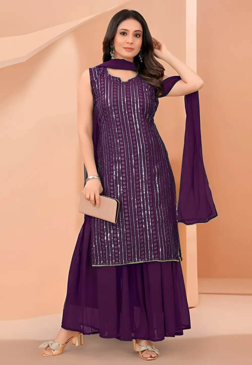 Purple Faux Georgette Readymade Palazzo Suit 301191