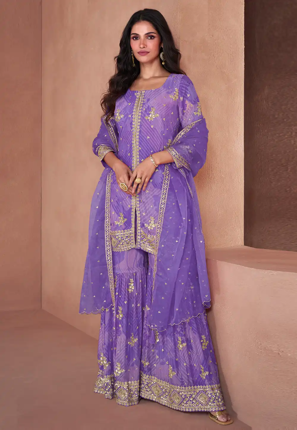 Purple Faux Georgette Readymade Sharara Suit 295149