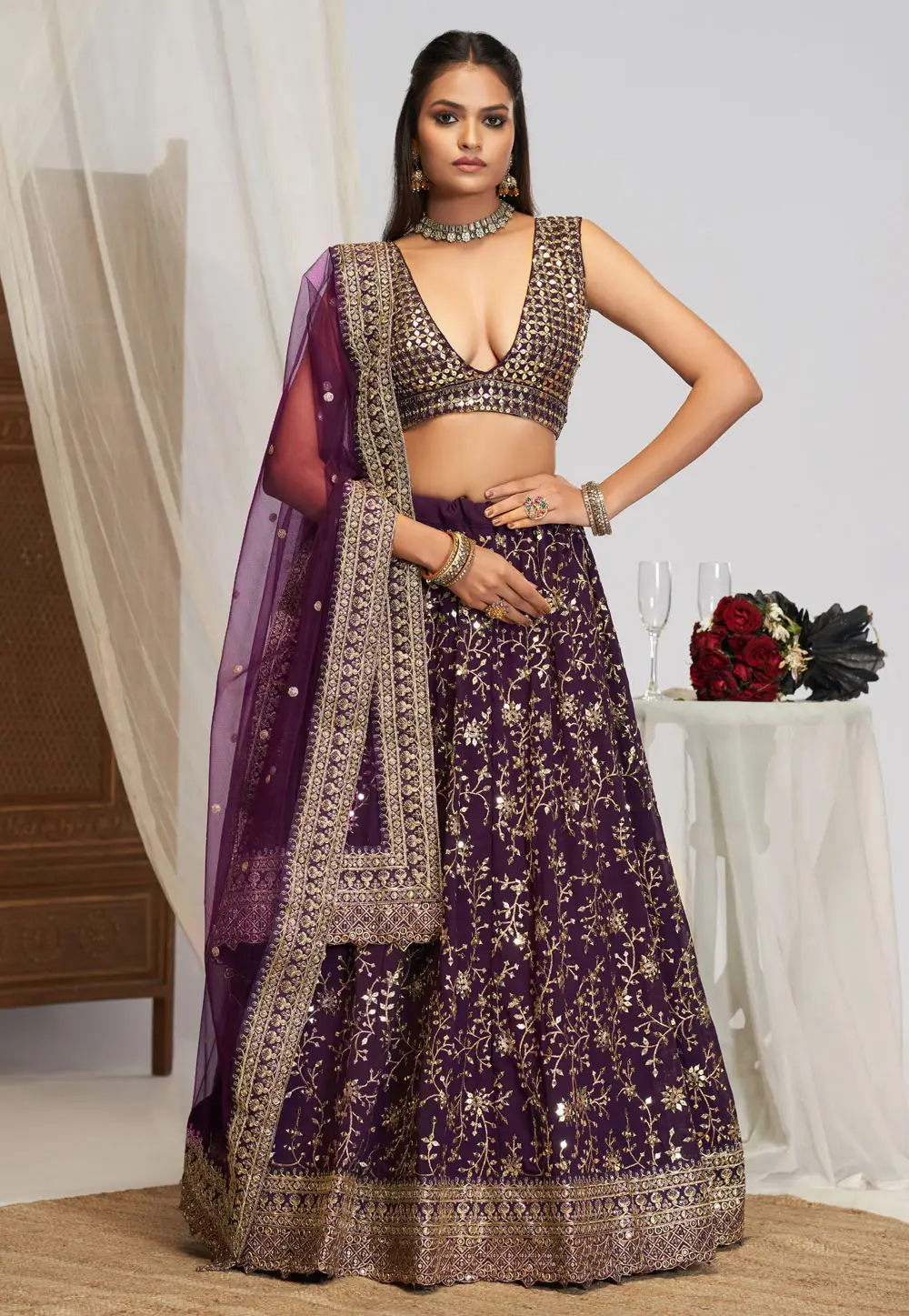 Purple Georgette A Line Lehenga Choli 296463