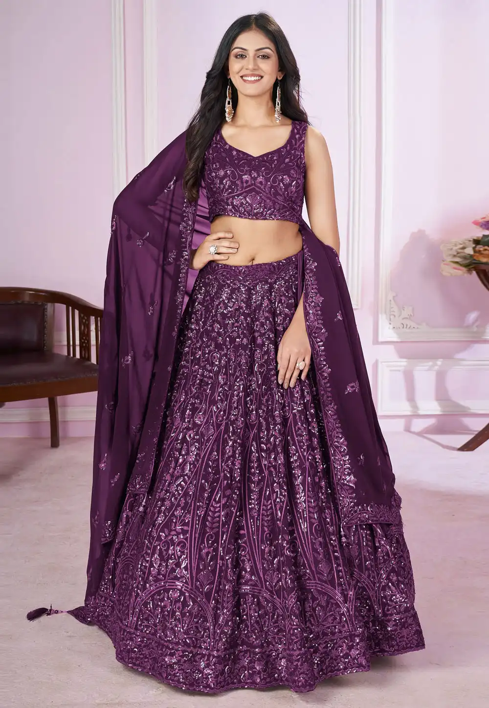 Purple Georgette Circular Lehenga Choli 292053