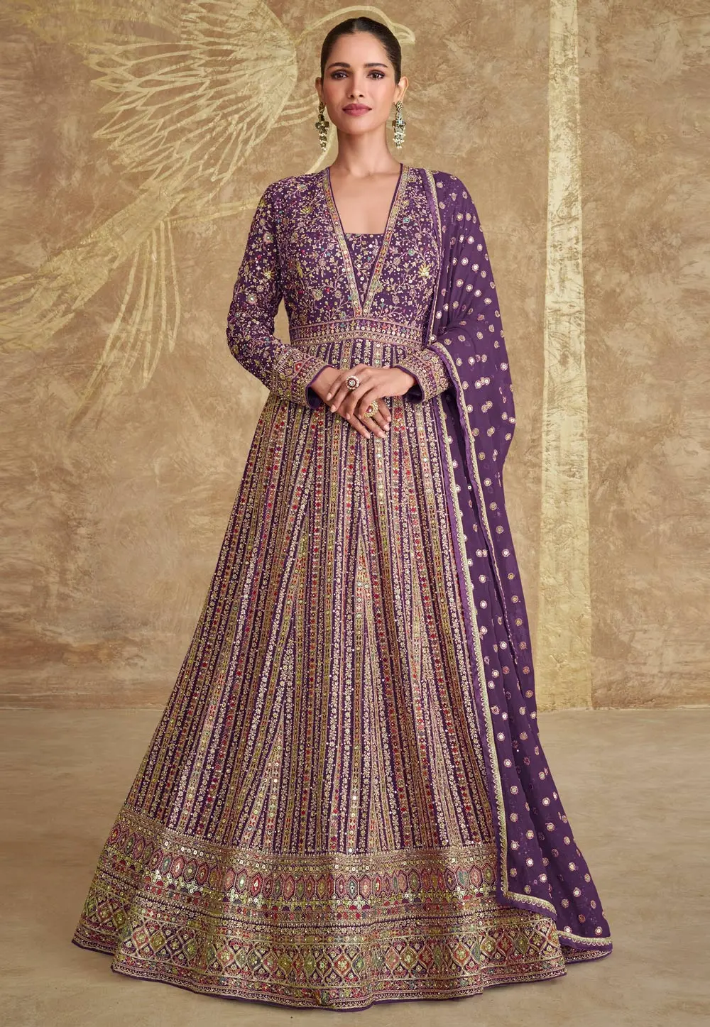 Purple Georgette Embroidered Anarkali Suit 304030