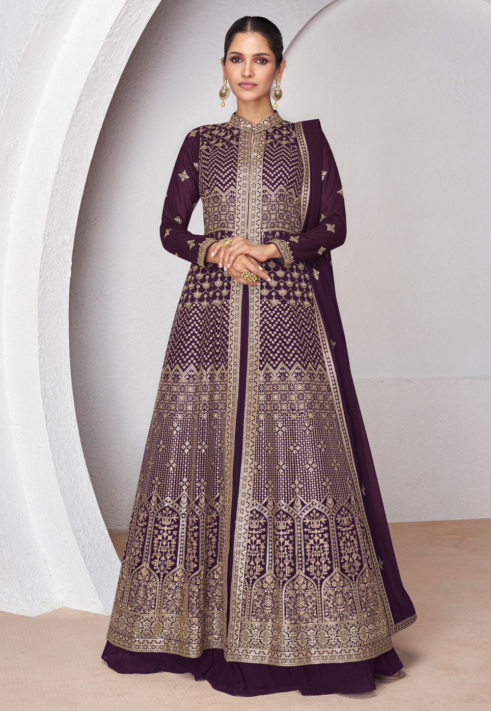 Purple Georgette Embroidered Indo Western Lehenga Choli 286697