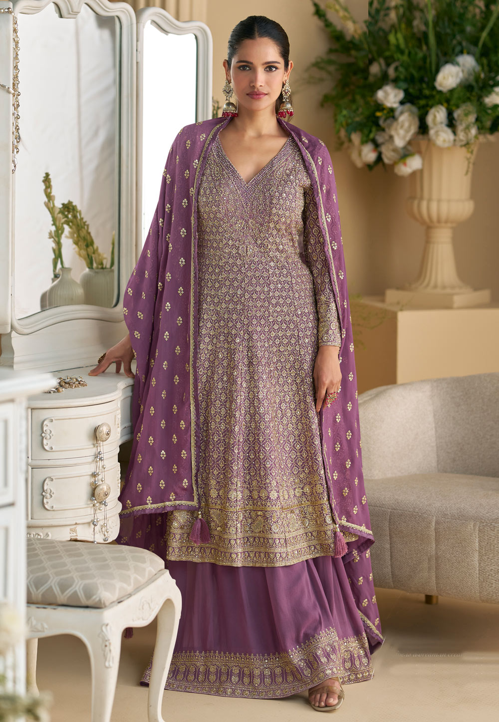 Purple Georgette Embroidered Pakistani Suit 306666