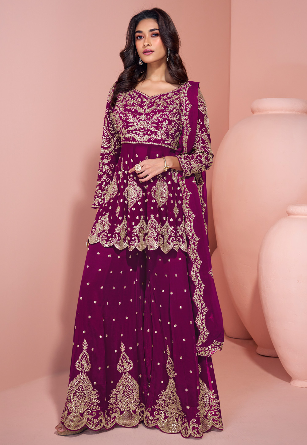 Purple Georgette Embroidered Palazzo Suit 305502