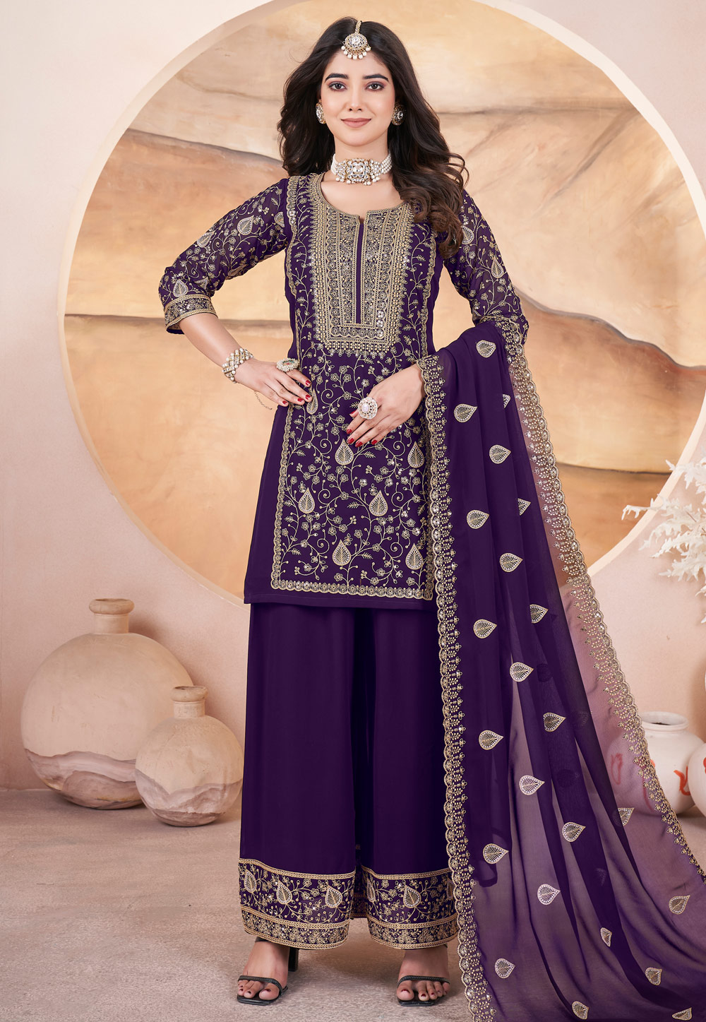 Purple Georgette Embroidered Readymade Pakistani Suit 305320