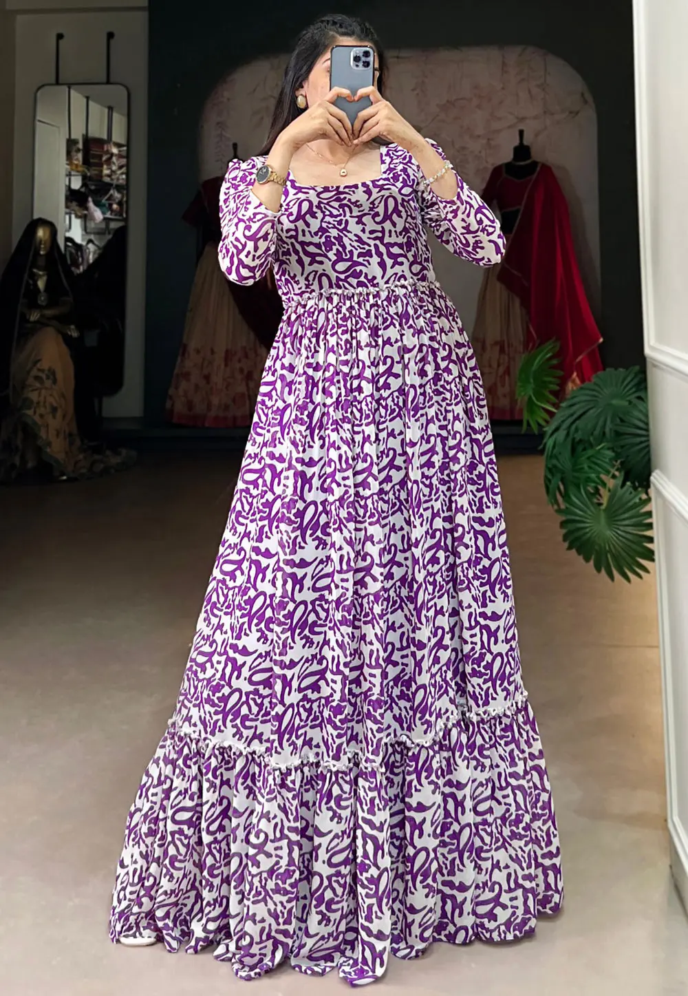 Purple Georgette Printed Gown 300848