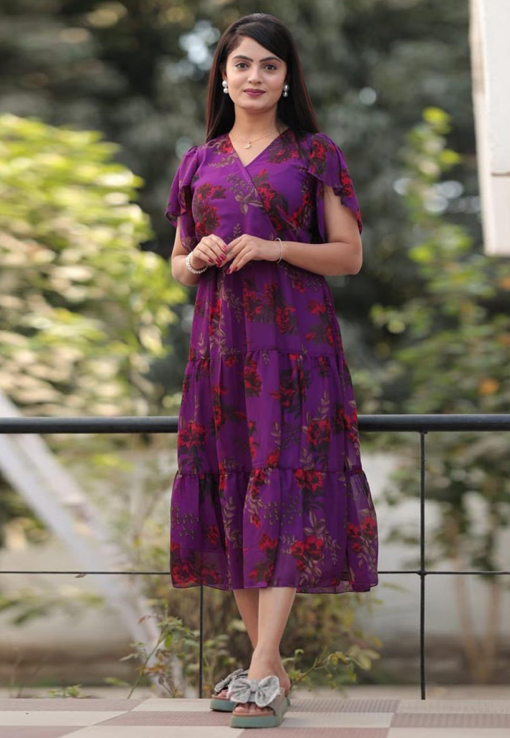 Purple Georgette Printed Gown 285722