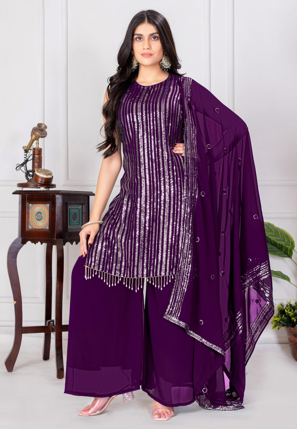Purple Georgette Readymade Palazzo Suit 310219
