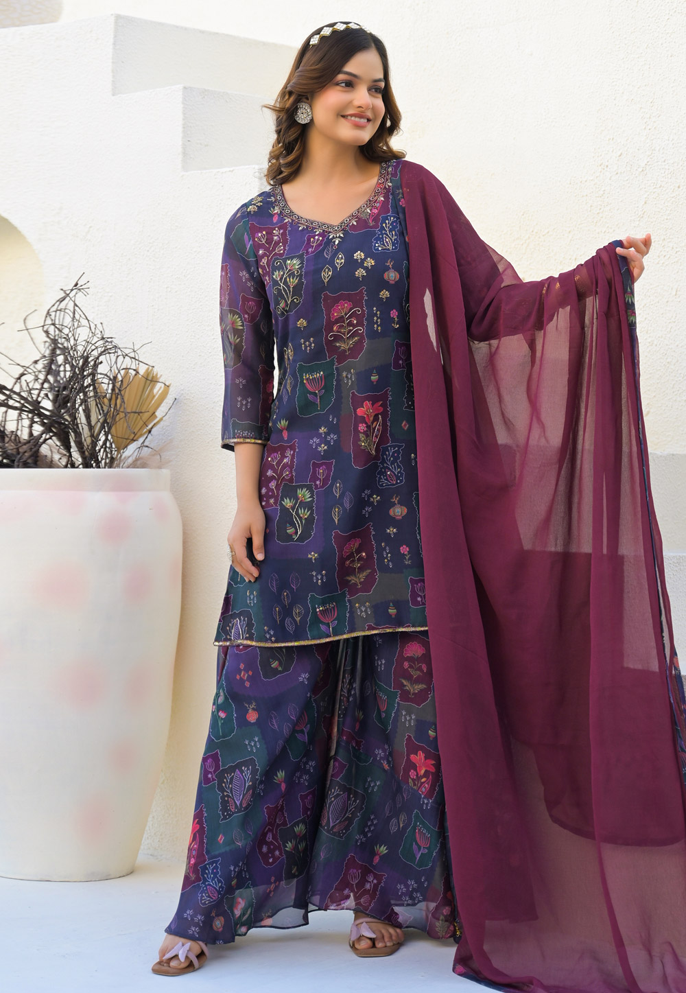 Purple Georgette Readymade Palazzo Suit 310344