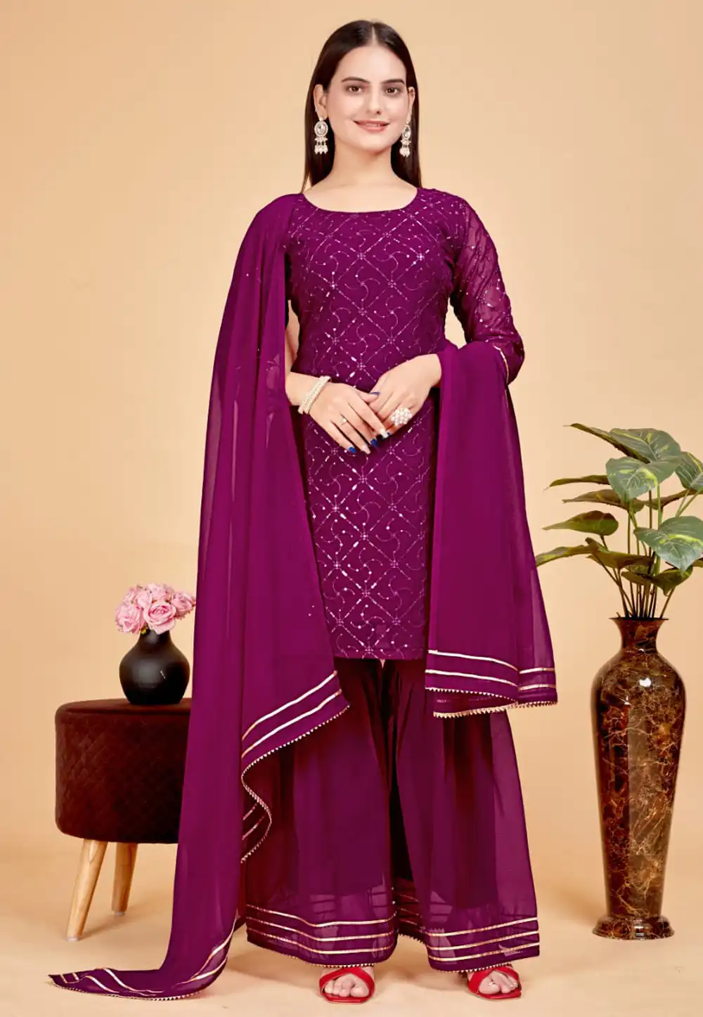 Purple Georgette Readymade Sharara Suit 290444