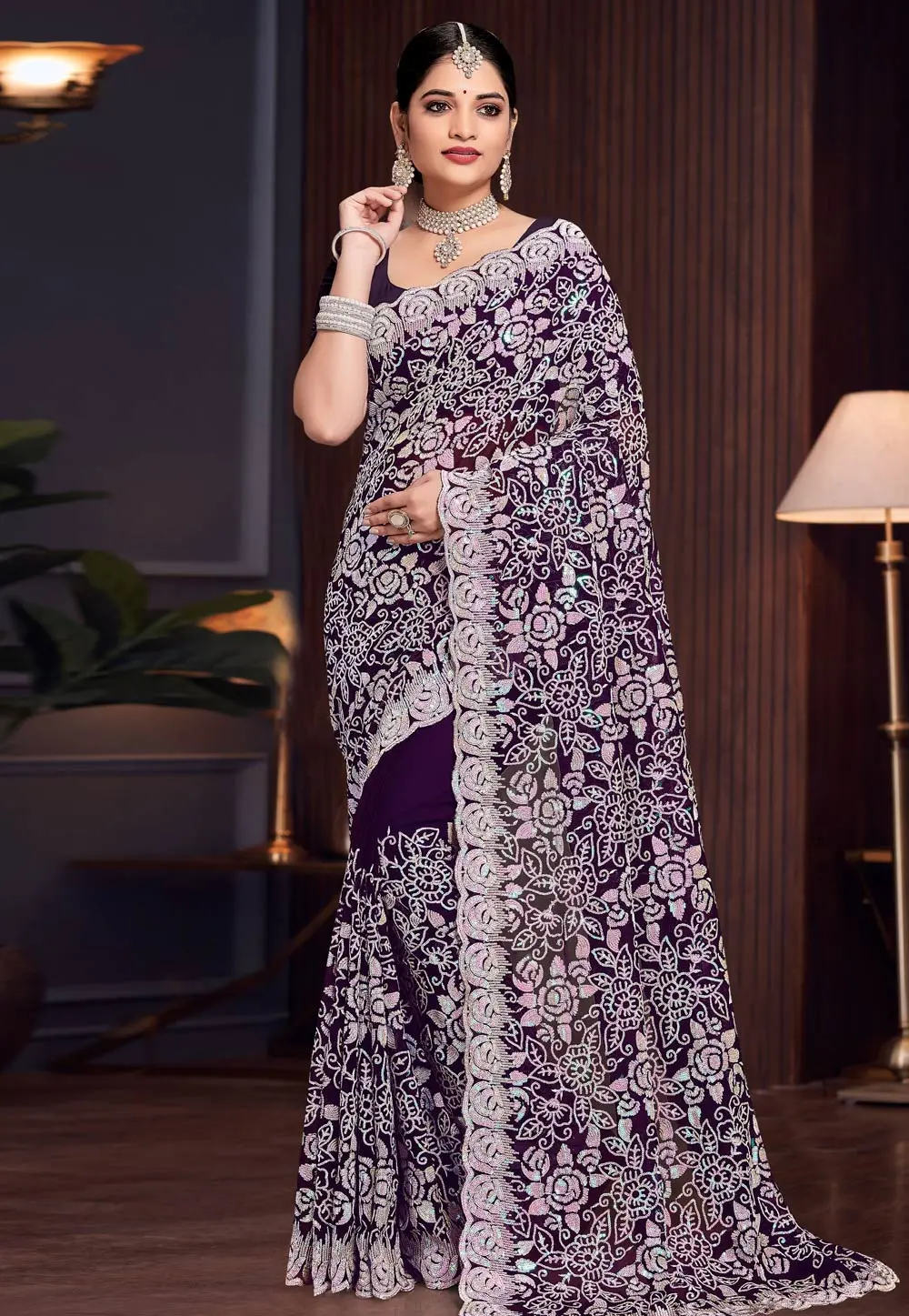 Purple Georgette Sequence Saree 303635