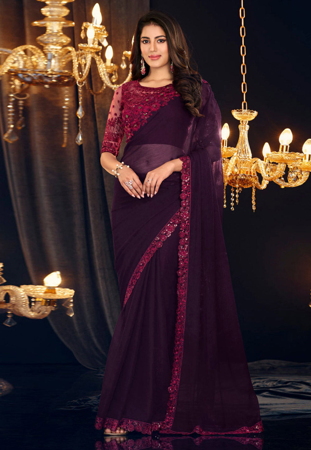 Purple Georgette Shimmer Saree With Blouse 286504