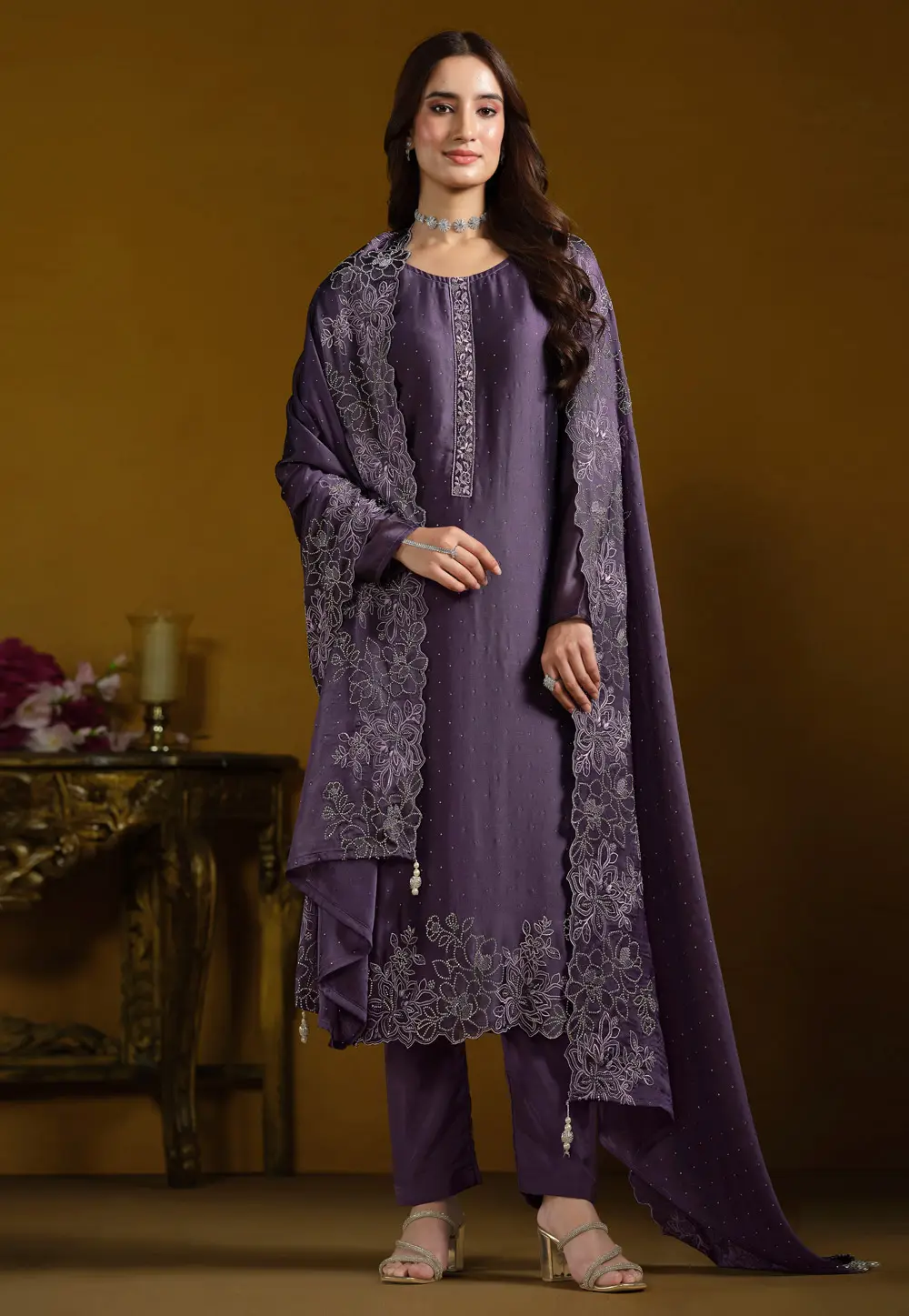 Purple Georgette Straight Suit 297170