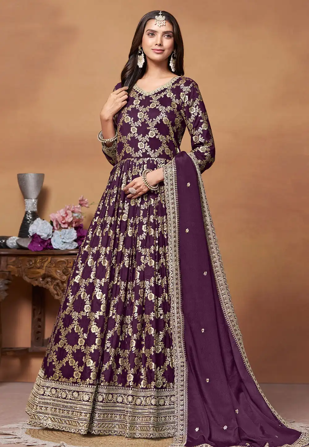 Purple Jacquard Floor Length Anarkali Suit 288027