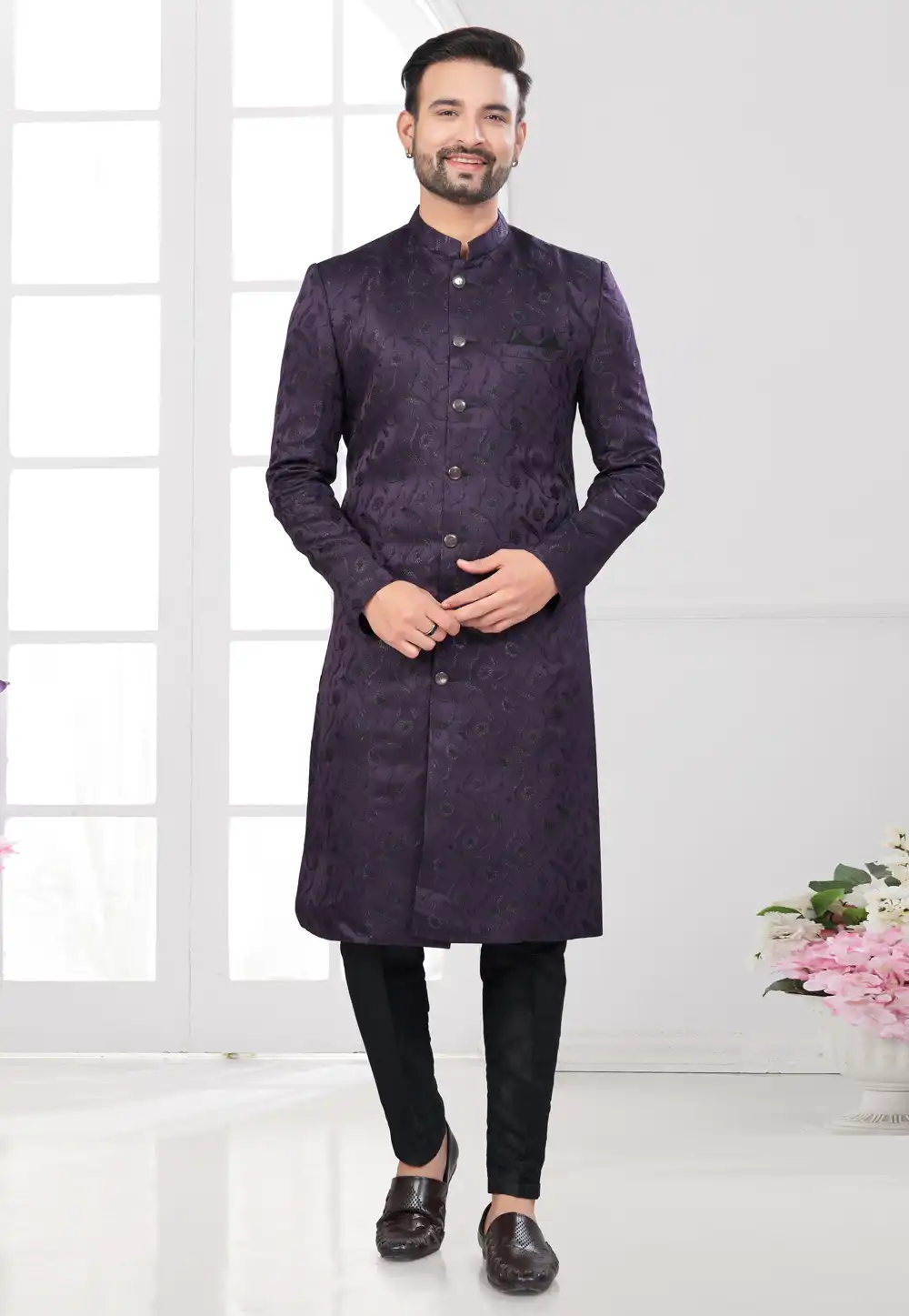 Purple Jacquard Indo Western Suit 294563