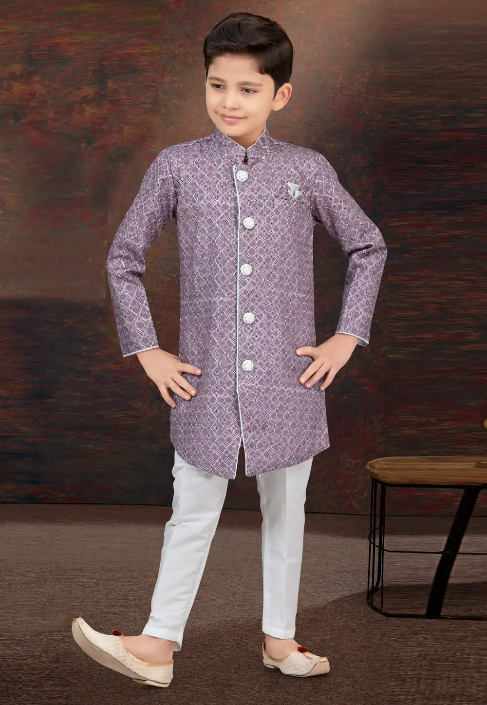 Purple Jacquard Kids Indo Western Sherwani 294923