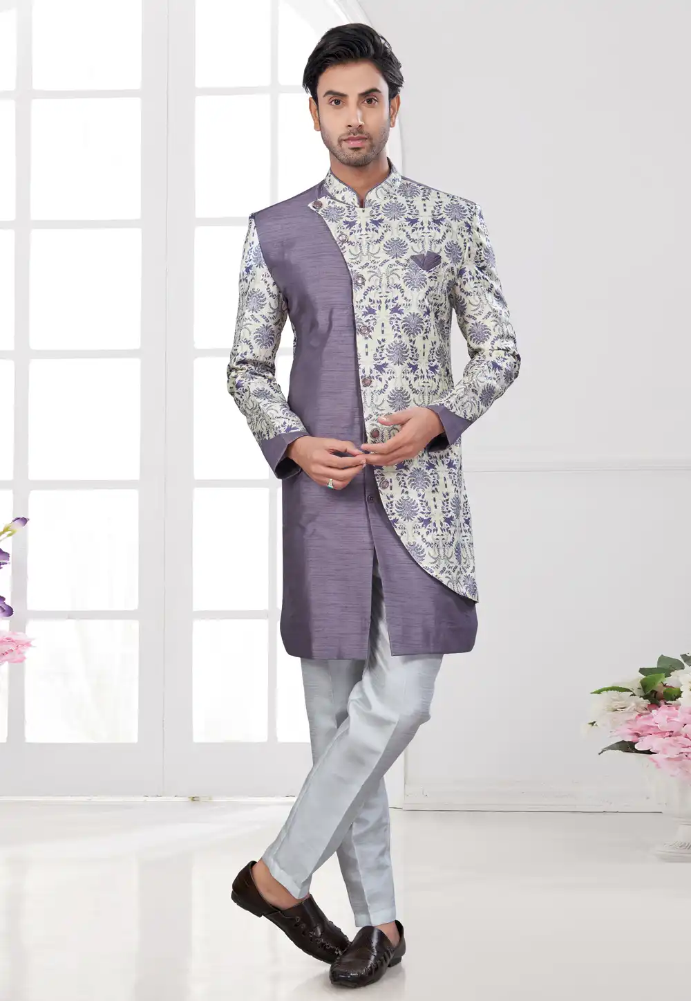 Purple Jacquard Silk Indo Western Suit 294586