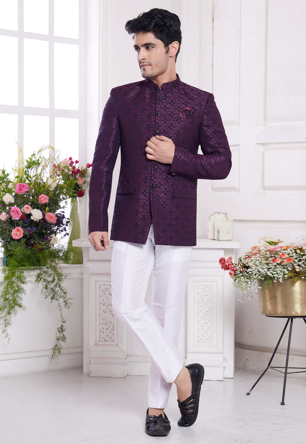 Purple Jacquard Silk Jodhpuri Suit 308617