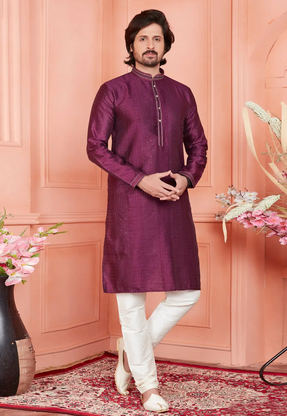 Purple Jacquard Silk Kurta Pajama 304288