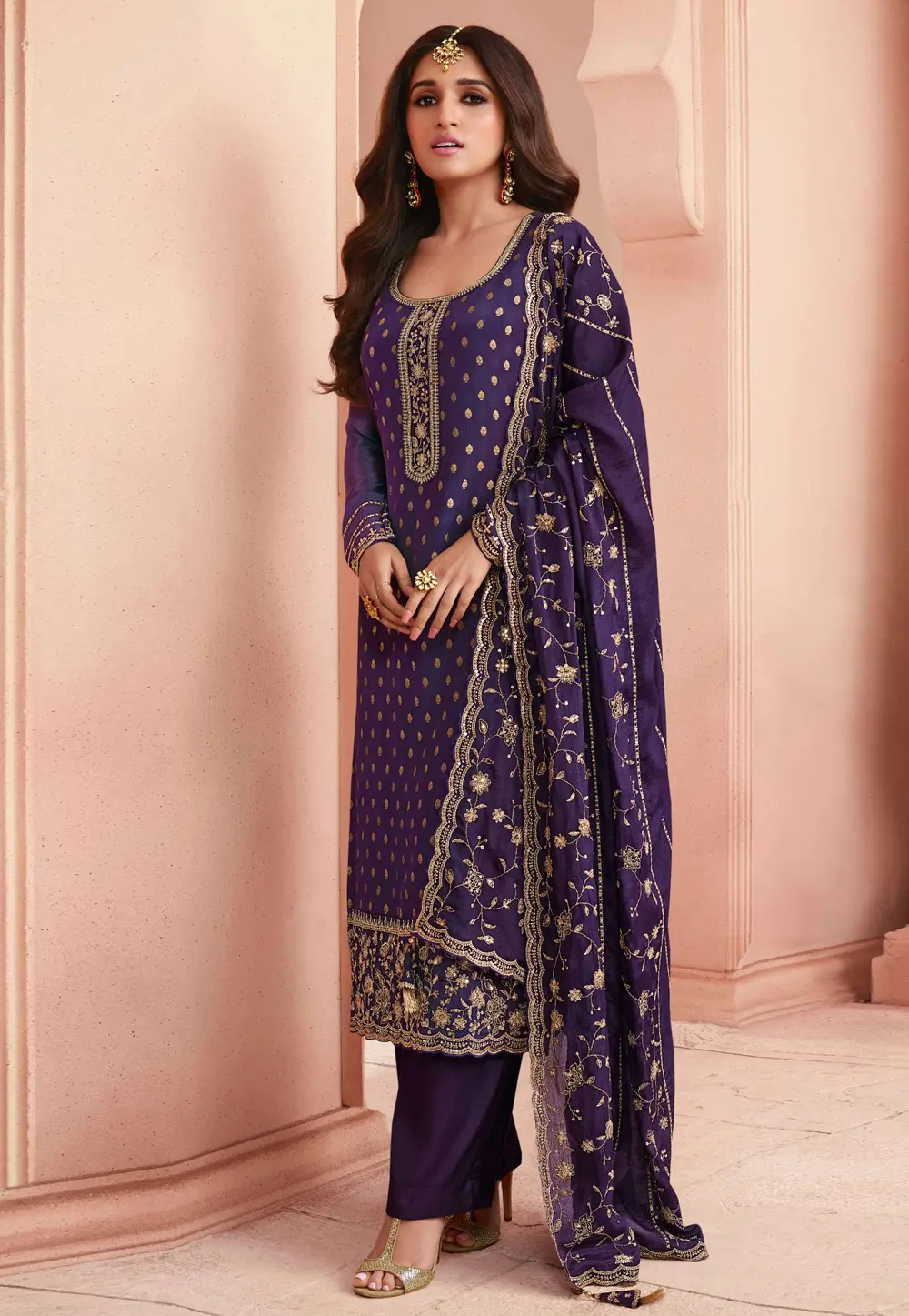 Purple Jacquard Silk Pakistani Suit 301267