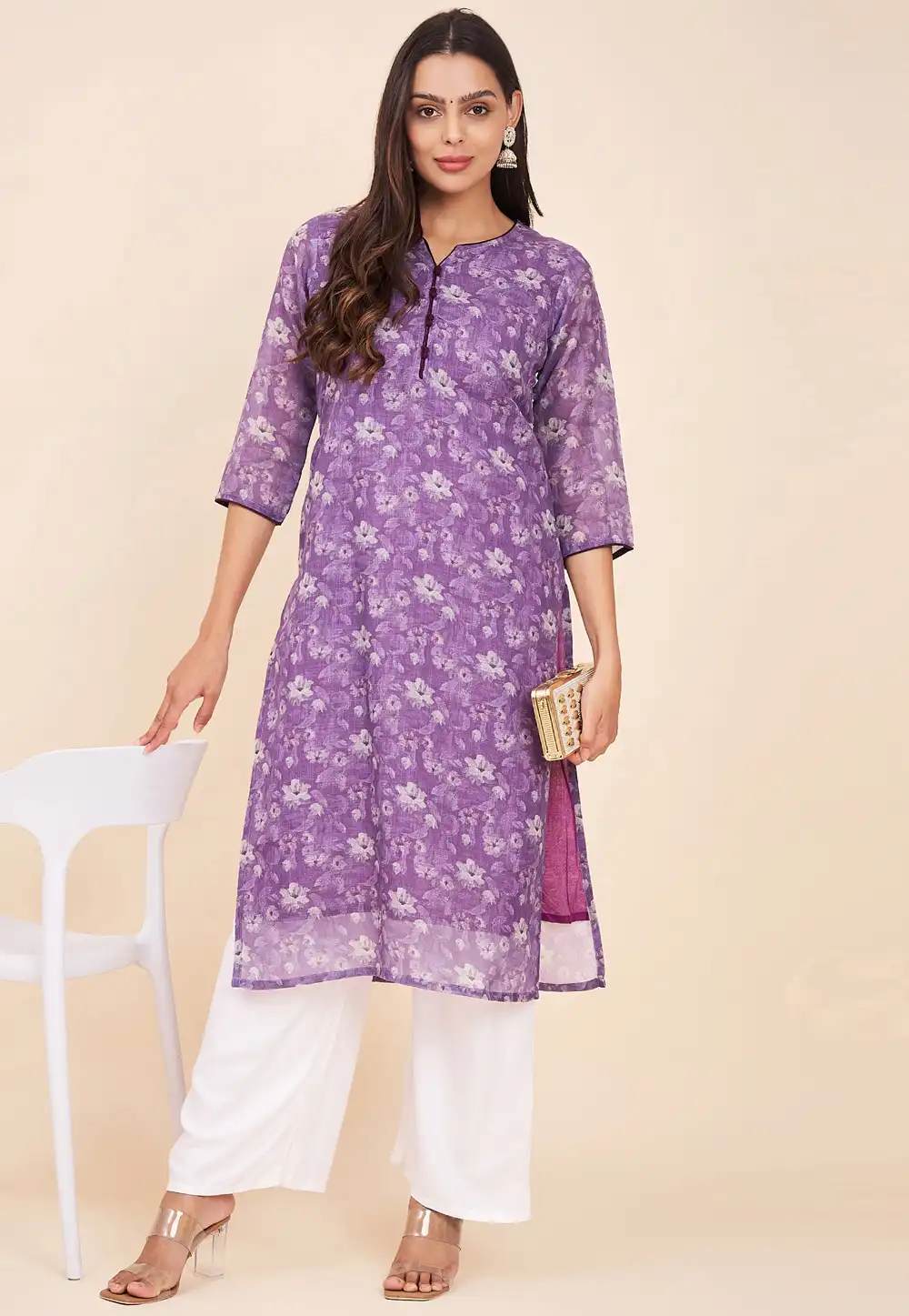 Purple Linen Kurta Set With Palazzo 290251